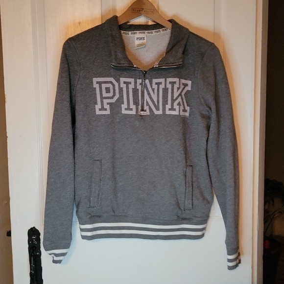 PINK Victoria's Secret Tops - PINK 1/4 zip varsity grey sweatshirt- size L/large with logo